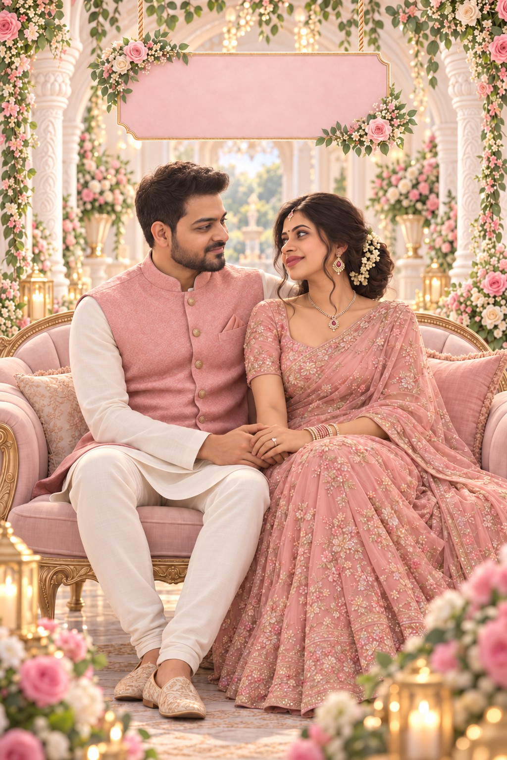 Aswathy and Saish seated together at their engagement celebration
